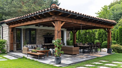 Naklejka premium Wooden pergola with tile roof on it, duplex summer house in the green garden, summer season, stone building architecture and garden dining table 