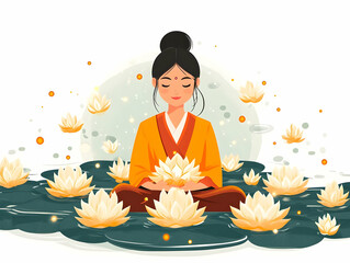 Vector Illustration of Flat Loy Krathong Festival with Floating Flowers Isolated on White Background - Serene Beauty & Cultural Celebration Design