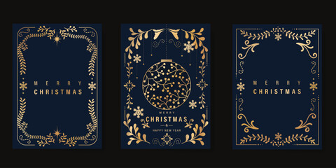 Luxury gold christmas invitation card folk design vector. Christmas bauble, holly, leaves, snowflake, frame on navy blue background. Design illustration for cover, print, poster, wallpaper.