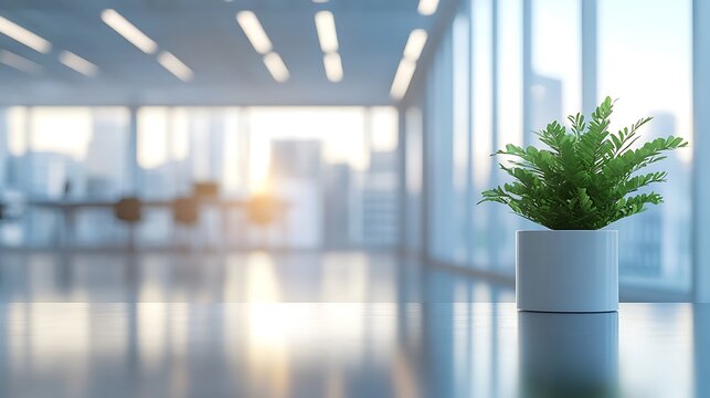 Little plant with green leaves in a pot with defocused background of panoramic windows with view to the cityscape outdoor