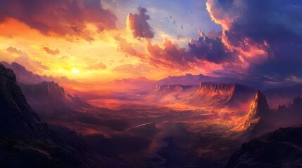 95. A dramatic landscape with a canyon and sunset colors in the sky