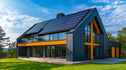 Obraz premium Modern exterior view of an environment friendly house with large solar panels on the roof to provide sustainable clean energy, ESG and architecture