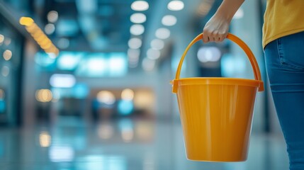 Person holding bright orange bucket in modern indoor shopping center