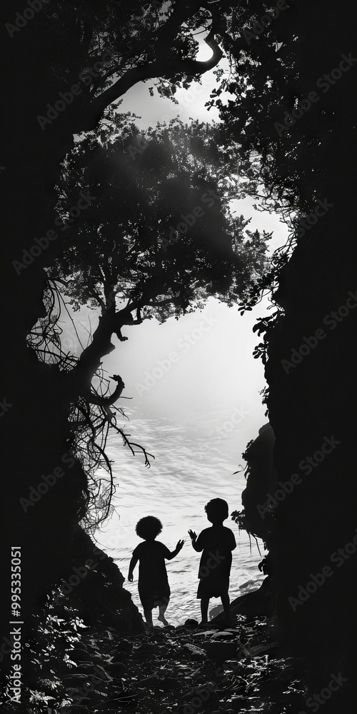 Poster two children standing in a dark tunnel with trees on either side