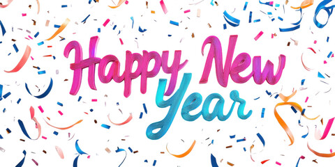 Happy new year celebration with colorful confetti and ribbons