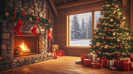 Cozy interior view of Christmas theme house, gifts and red socks with decorated pine trees are next to fireplace, there is a view through window to snowy weather outside