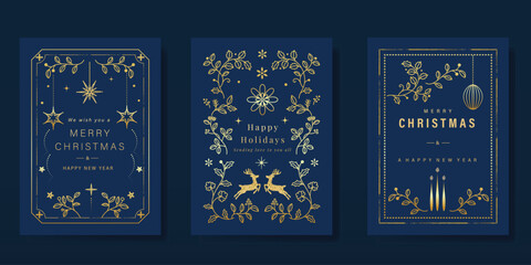 Luxury gold christmas invitation card folk design vector. Christmas bauble, holly, leaves, snowflake, frame, reindeer on navy blue background. Design illustration for cover, print, poster, wallpaper.