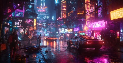 Neon-lit streets of a cyberpunk city with futuristic cars and vibrant signage