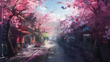 Street lined with cherry blossom trees in bloom under a blue sky. Springtime and Japanese tradition concept.