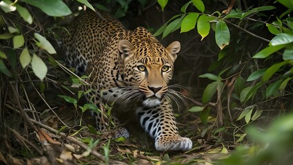 Naklejka premium This captivating image showcases a leopard in full hunting mode, creeping silently through dense underbrush. With its body low to the ground and eyes locked in focus, the leopard exudes stealth and st