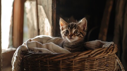 Adorable tabby kitten sitting in a cozy basket by the window in soft light