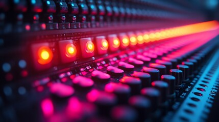 Close-up of a sound mixer with red and blue lights.
