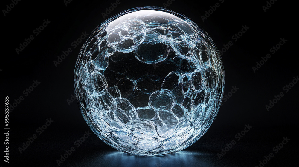 Poster translucent bubble sphere illuminated in dark space showcasing intricate surface details