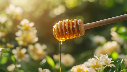wooden Honey comb for loaded honey in beautiful garden generated by AI