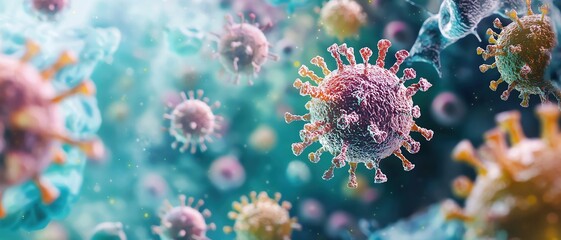 Floating, abstract viruses and bacteria, representing medical research in microbiology and disease prevention
