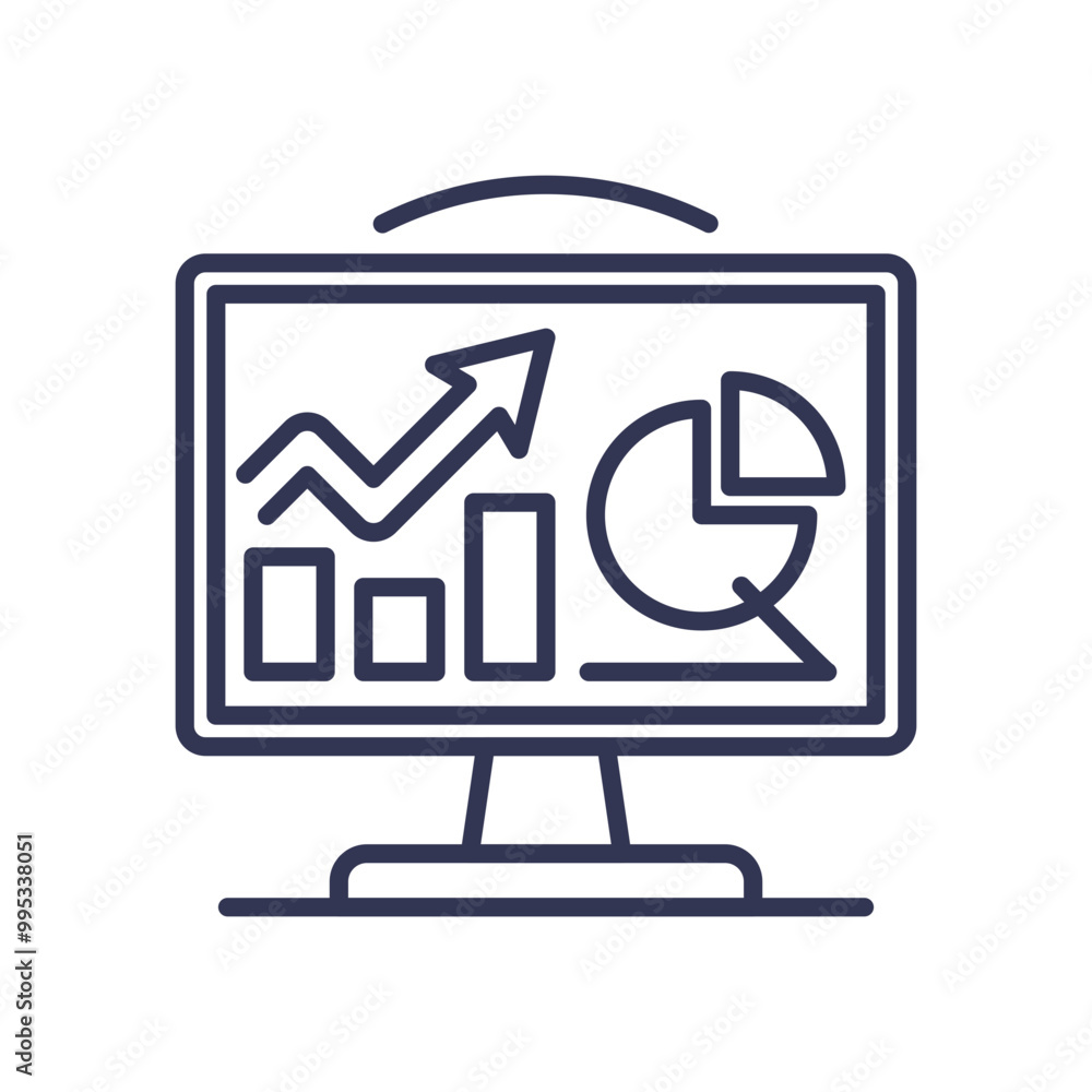 Poster illustration of a financial dashboard with bar chart, line graph, and pie chart on a computer screen