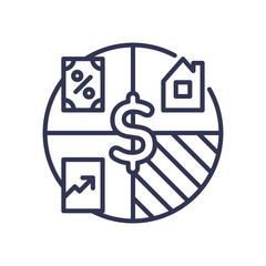 Illustration of financial analysis with symbols of money, interest rates, housing, and growth chart.