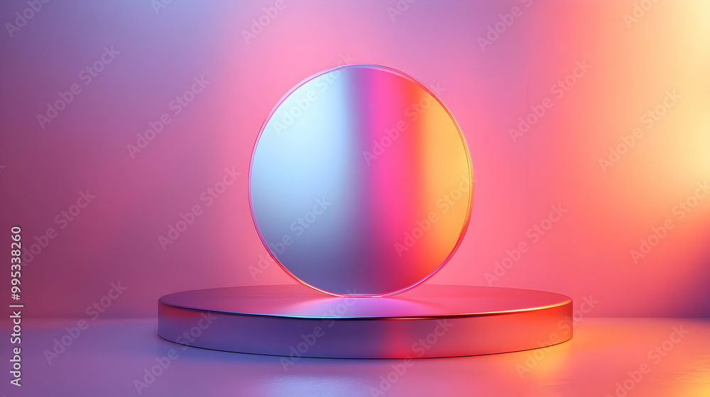 Poster 3d glowing holographic podium design: glossy surface reflecting light with open front for awards sho