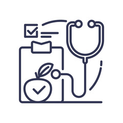 Illustration of a nutrition consultation with a clipboard, stethoscope, and apple symbolizing health and dietary planning.