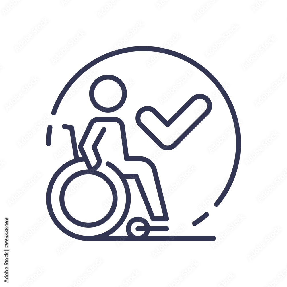 Poster line art of a person in a wheelchair with a checkmark, symbolizing accessibility and inclusivity.
