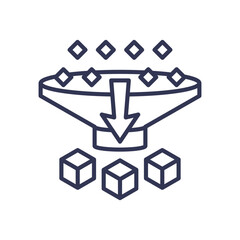 A funnel filtering diamonds into cubes, symbolizing simplification and data processing.