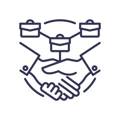 Illustration of a handshake with interconnected briefcases symbolizing business support and collaboration.