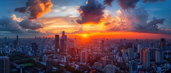 Fototapeta premium Vibrant Sunset Over a Bustling City Skyline
