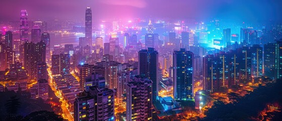 Fototapeta premium Vibrant City Skyline at Night with Colorful Lights