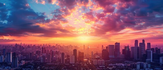 Fototapeta premium Vibrant Sunset Over a City Skyline at Dusk