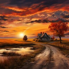 sunset over the lake,generative ai illustration