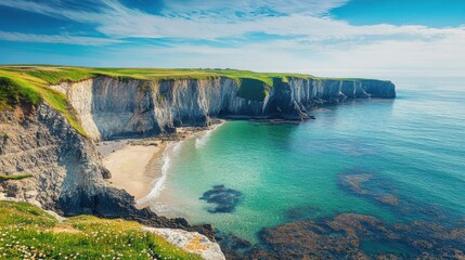 A beautiful beach with a cliff in the background