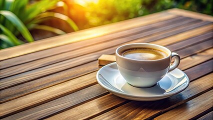 Obraz premium Cup of coffee and saucer with sugar on wooden table at terrace