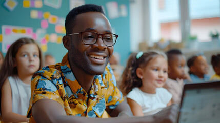 Teacher Explaining a Math Lesson to a Classroom Full of Bright Diverse Children in Primary School. Little Black Boy Browsing a Presentation on a Laptop Computer