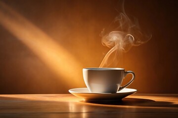 Cup of coffee with steam and sunlight on brown background