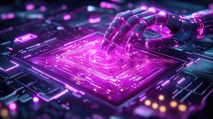 Futuristic robotic hand interacting with glowing circuit board in neon purple