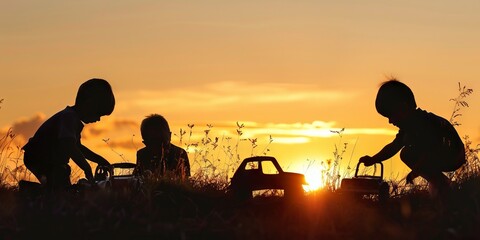 Four children are playing with toy cars in a field at sunset