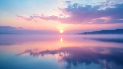 Fototapeta premium A beautiful sunset over a calm lake with a reflection of the sun in the water