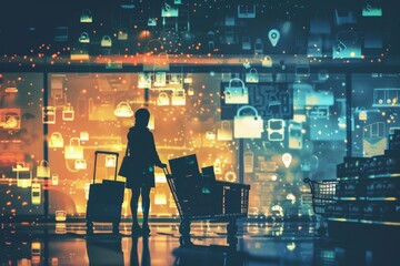 Silhouette of Shopper with Cart and Luggage in Futuristic Digital