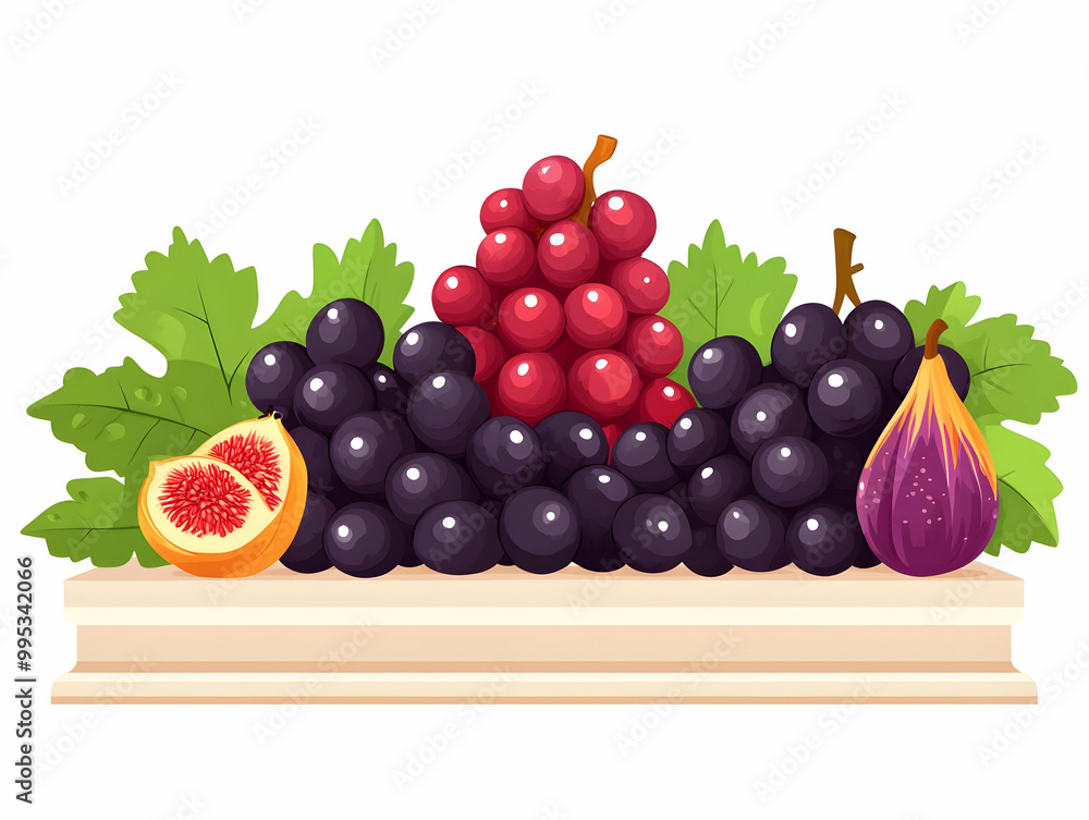 Poster flat vector illustration of cartoon style grapes and figs on a podium - creative design with empty f