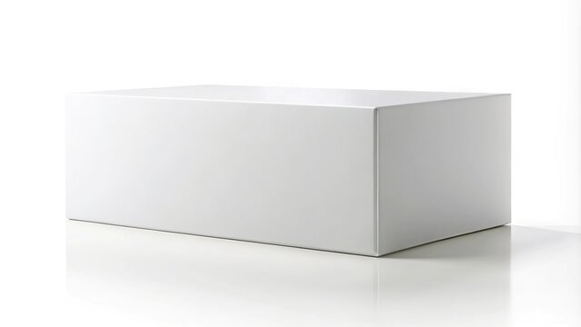 3D rendering of white asymmetrical horizontal rectangle box from front far side angle