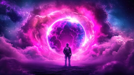 Fototapeta premium Futuristic astronaut gazing at mystical pink portal in cosmic clouds