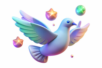 3D Floating Holographic Dove with Human Rights Symbols: Peace and Equality Concept - Isolated White Background with Copy Space for Creative Use