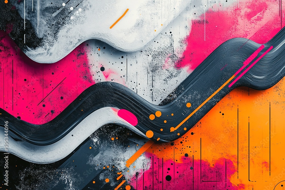 Poster abstract colorful paint waves with splatters on canvas