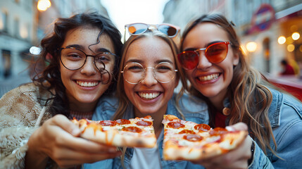 Three young female friends sitting outdoor and eating pizza - Happy women having fun enjoying a day out on city street - Happy lifestyle and tourism concept