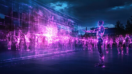 Futuristic digital world: holographic figures interacting in a neon landscape