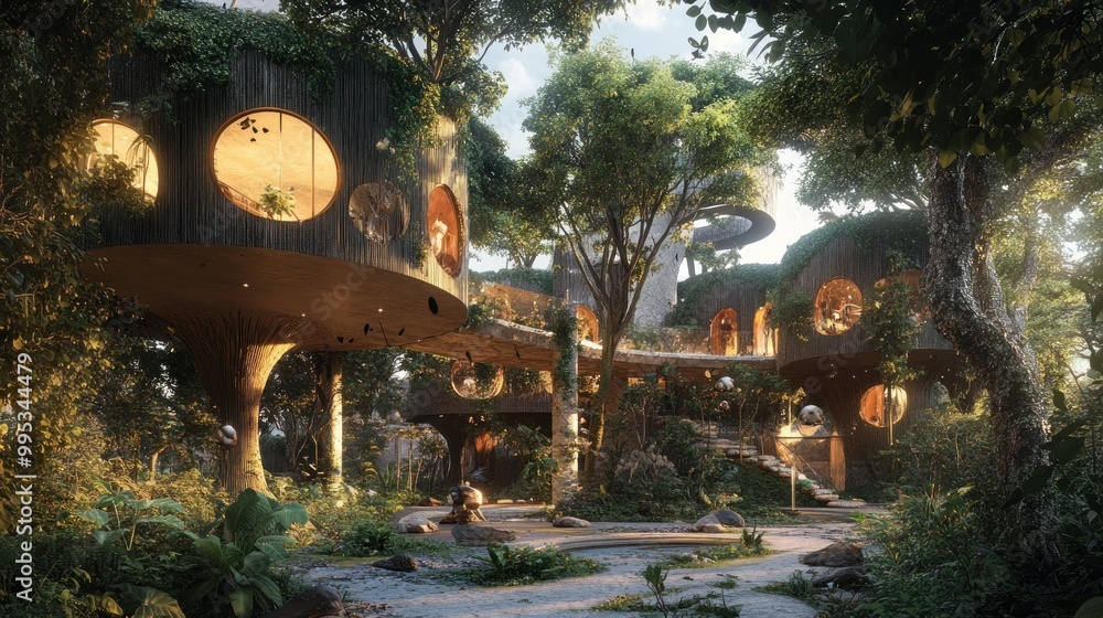 Poster A Futuristic Treehouse with Circular Windows Nestled in a Lush Forest