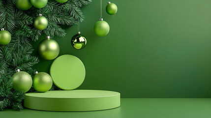 Green Festive Scene with Ornaments and Display Platform