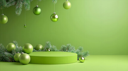 Green Background with Ornaments and Pine Branches