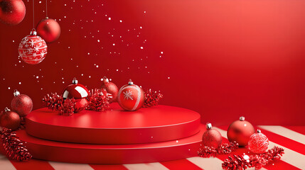 Festive Red Background with Christmas Ornaments Display
