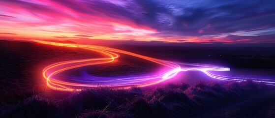 Fototapeta premium Vibrant Sunset with Light Trails Over Rolling Hills